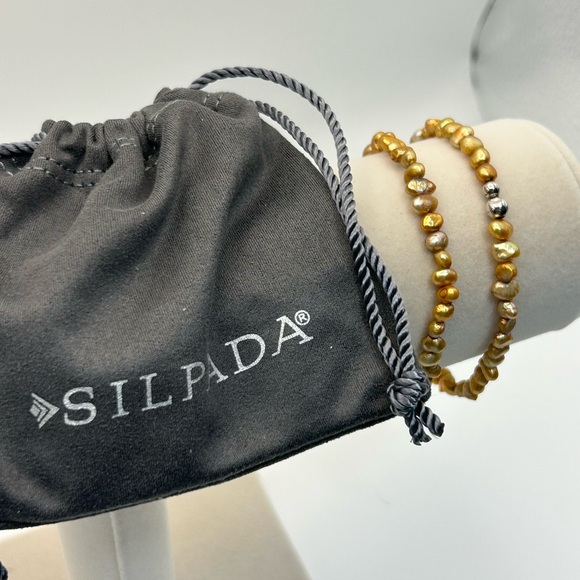 Silpada Bronze Silver Beaded Stretch Bracelet Pair Freshwater Pearls Silver Bead - Picture 5 of 8